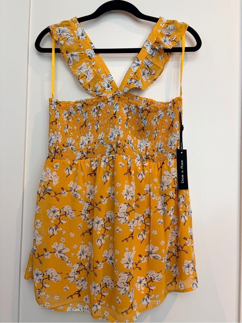 Doe & Rae NWT Mustard Floral Smocked Tank Top